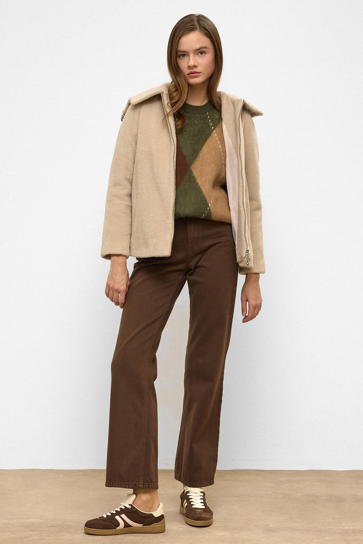 Çıkabilir Kapüşonlu Fermuar Detaylı Oversize Kaban KOYU BEJ 3128