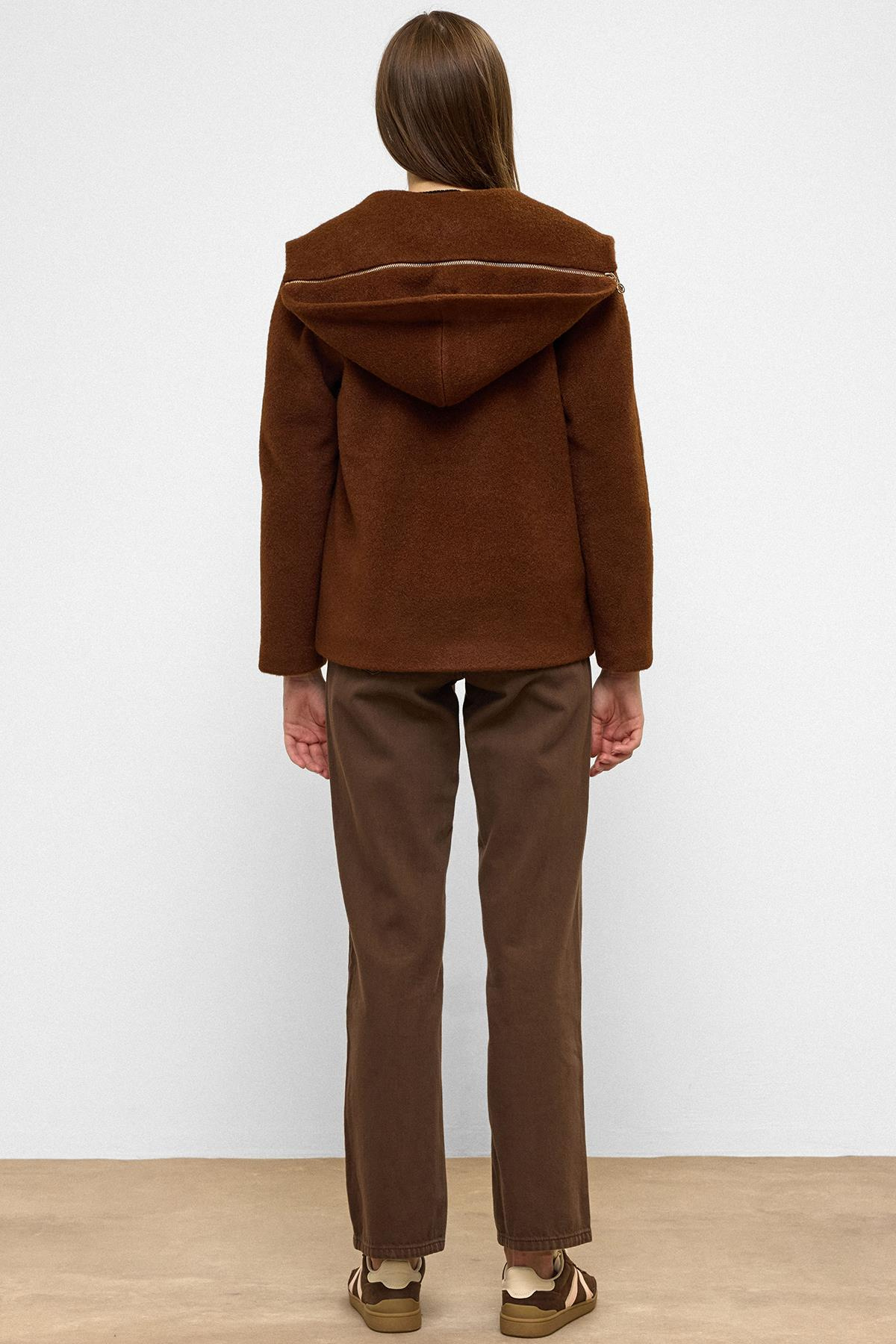 Çıkabilir Kapüşonlu Fermuar Detaylı Oversize Kaban KAHVE 3128