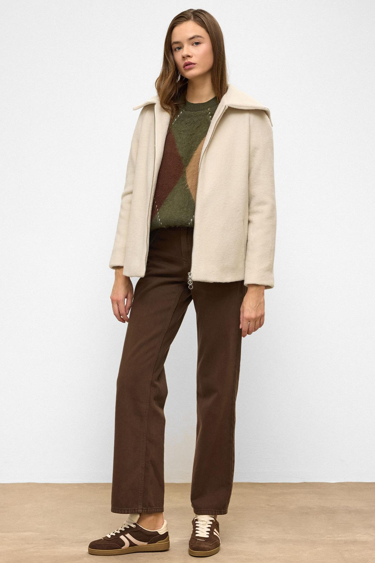 Çıkabilir Kapüşonlu Fermuar Detaylı Oversize Kaban BEJ 3128