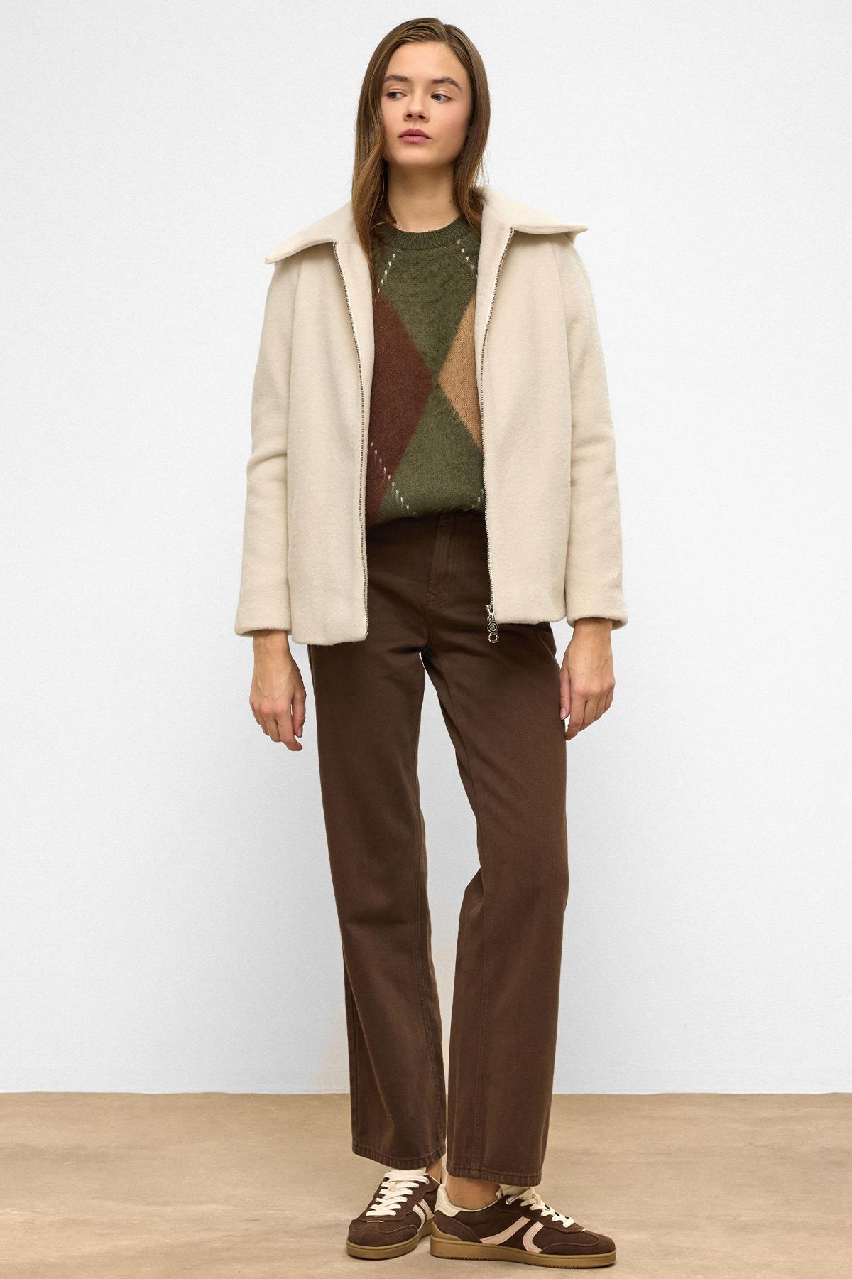 Çıkabilir Kapüşonlu Fermuar Detaylı Oversize Kaban BEJ 3128