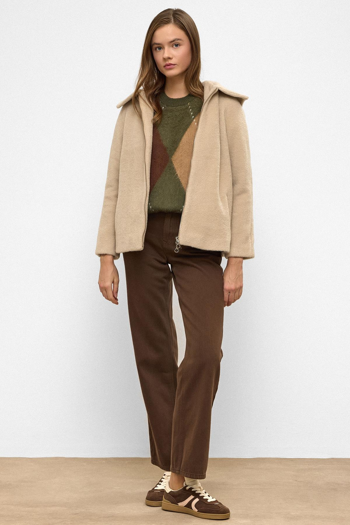 Çıkabilir Kapüşonlu Fermuar Detaylı Oversize Kaban KOYU BEJ 3128