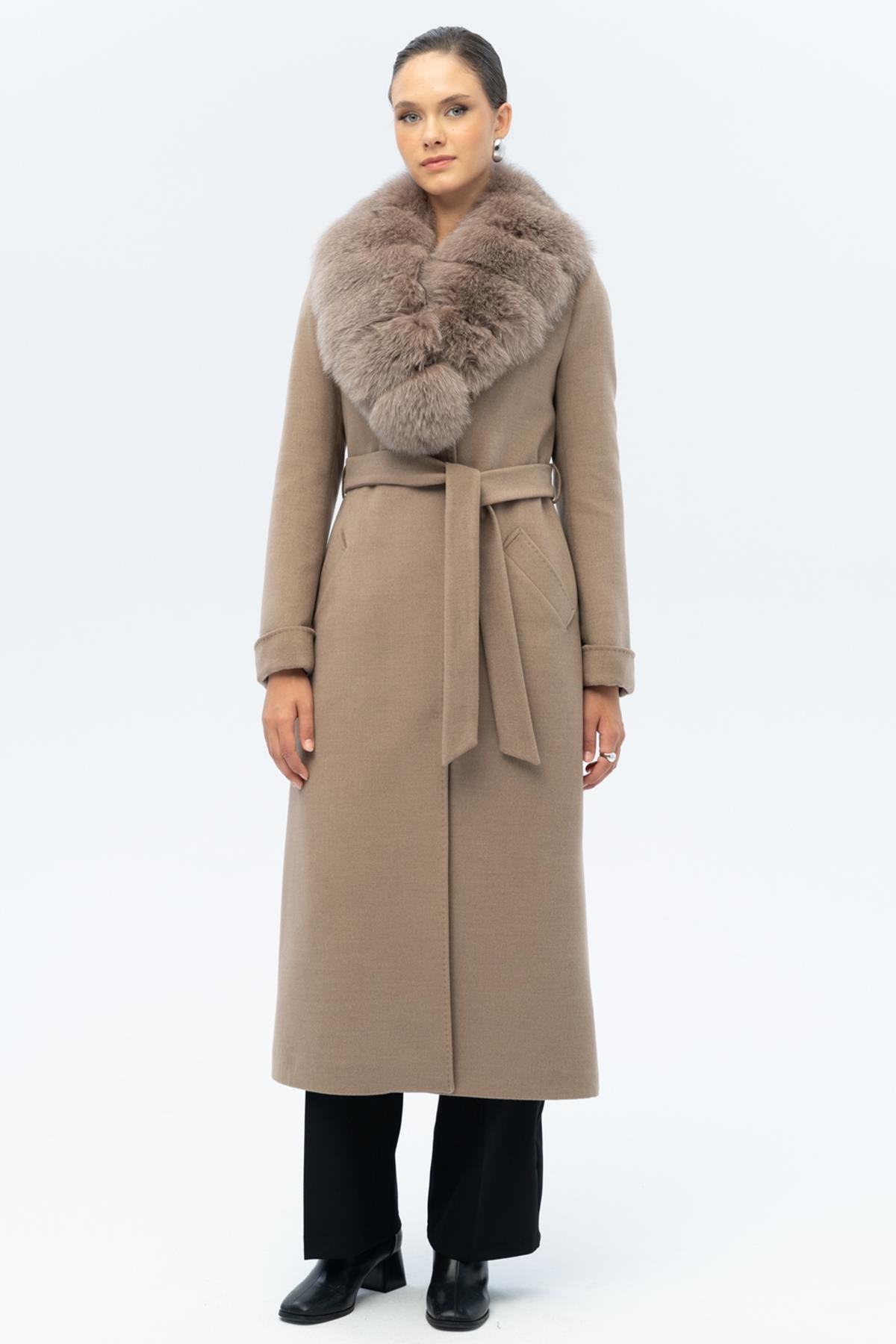 Çıkabilir Kürklü Belden Bağlamalı Uzun Kaşmir Kaban K. KAMEL 3133-TK