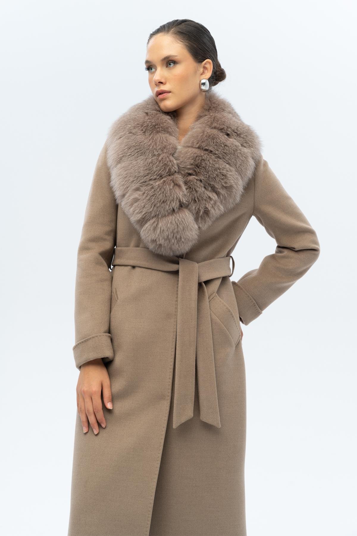 Çıkabilir Kürklü Belden Bağlamalı Uzun Kaşmir Kaban K. KAMEL 3133-TK