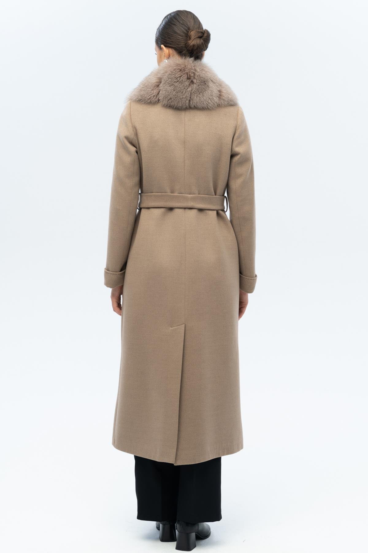 Çıkabilir Kürklü Belden Bağlamalı Uzun Kaşmir Kaban K. KAMEL 3133-TK