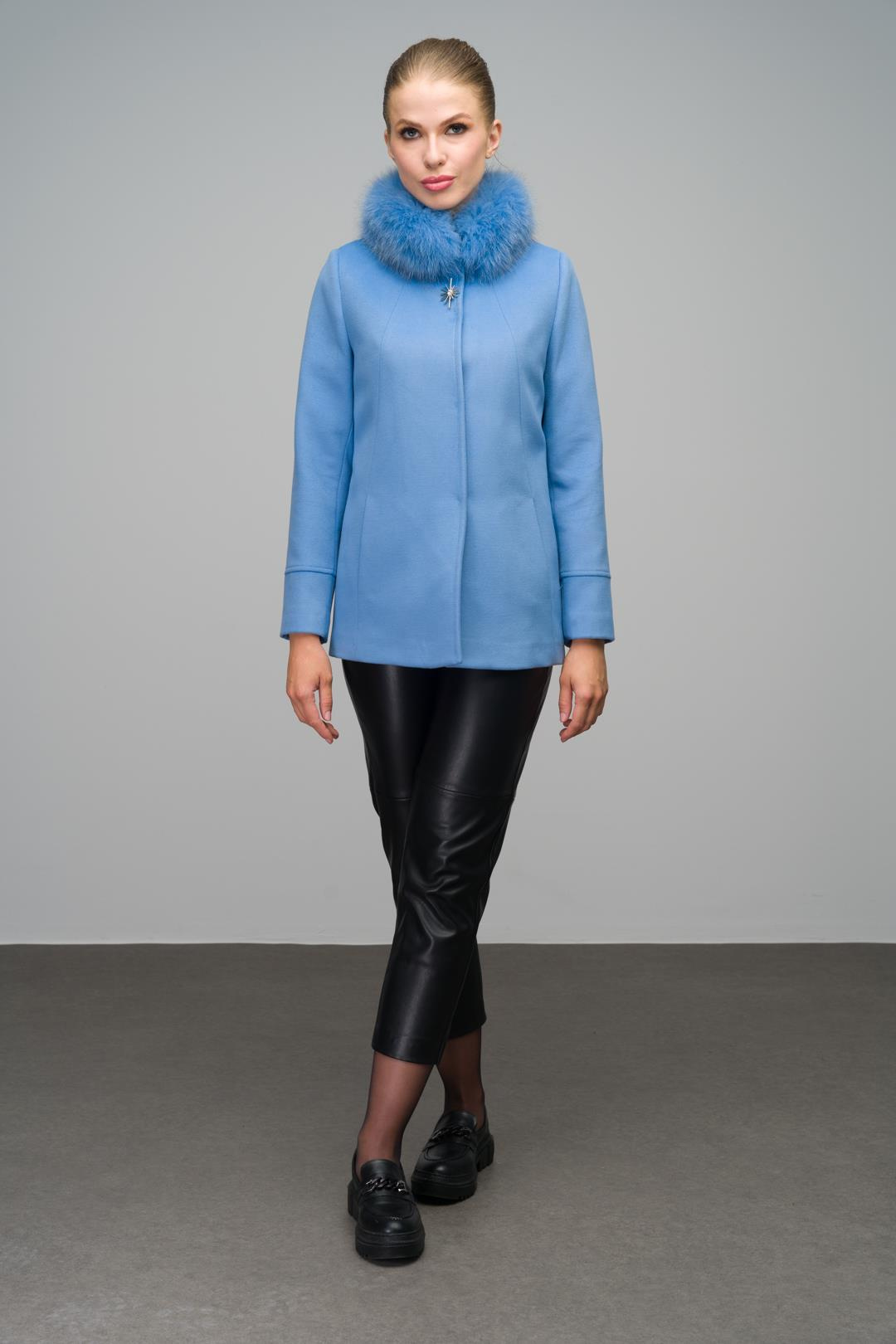 معطف قصير من الكشمير مع بروش فرو قابل للفصل أزرق 3053-TK
