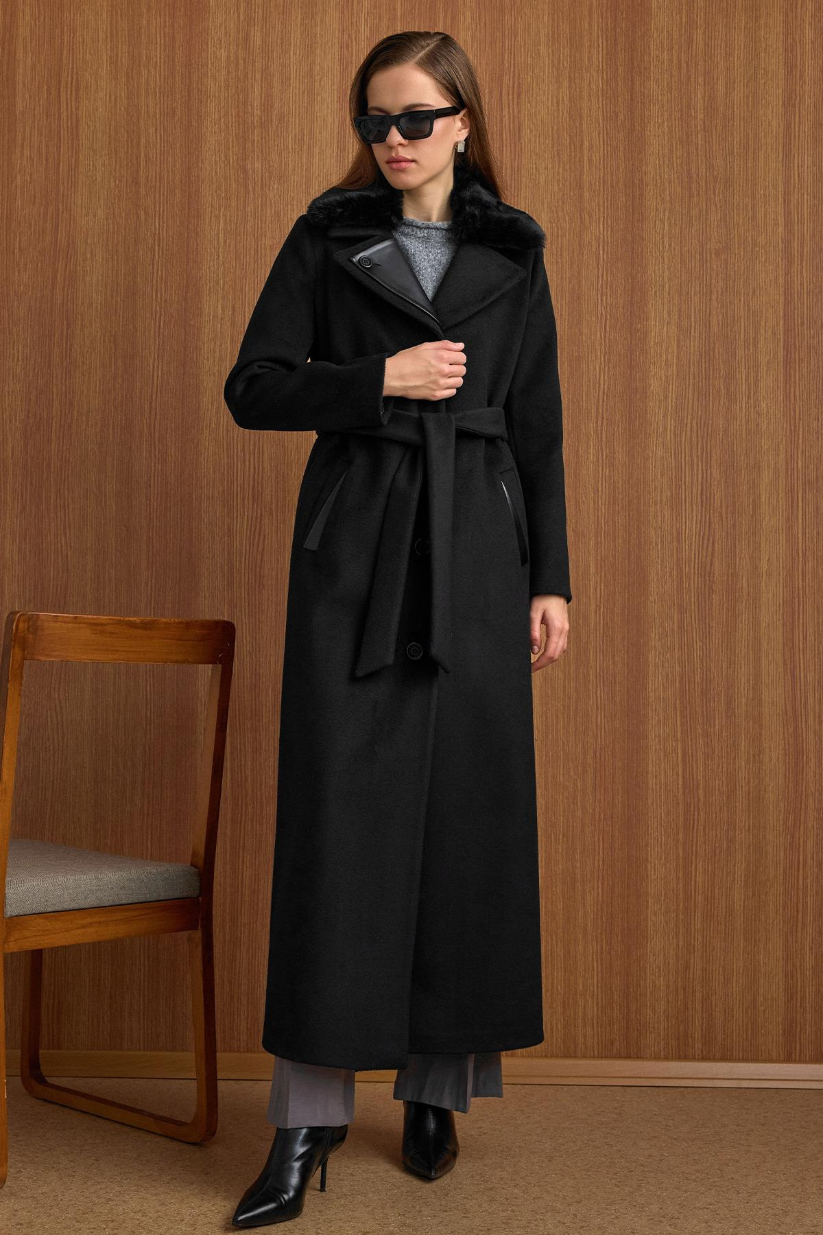 Çıkabilir Kürklü Deri Garnili Premium Kumaş Manto SİYAH 3153