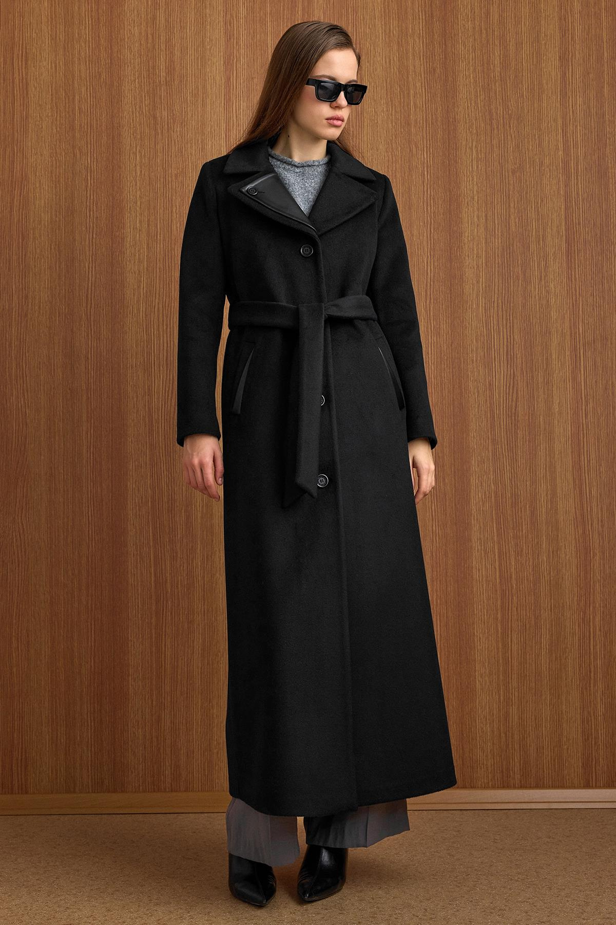 Çıkabilir Kürklü Deri Garnili Premium Kumaş Manto SİYAH 3153