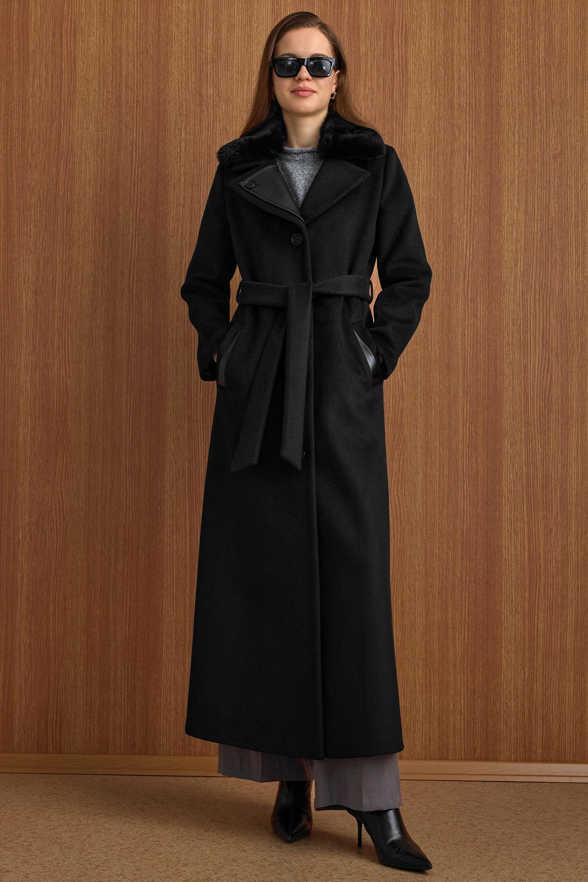 Çıkabilir Kürklü Deri Garnili Premium Kumaş Manto SİYAH 3153