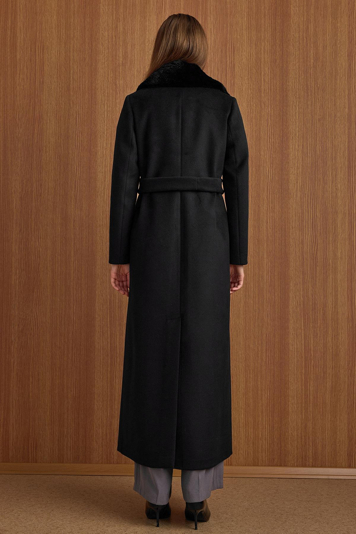 Çıkabilir Kürklü Deri Garnili Premium Kumaş Manto SİYAH 3153