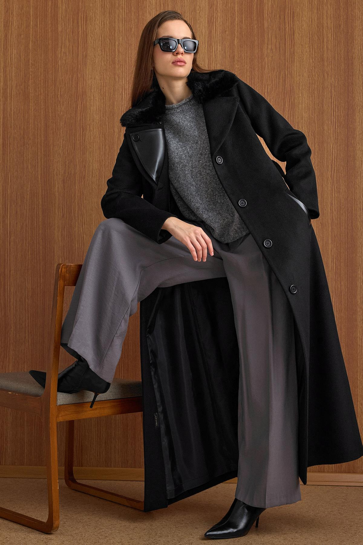 Çıkabilir Kürklü Deri Garnili Premium Kumaş Manto SİYAH 3153