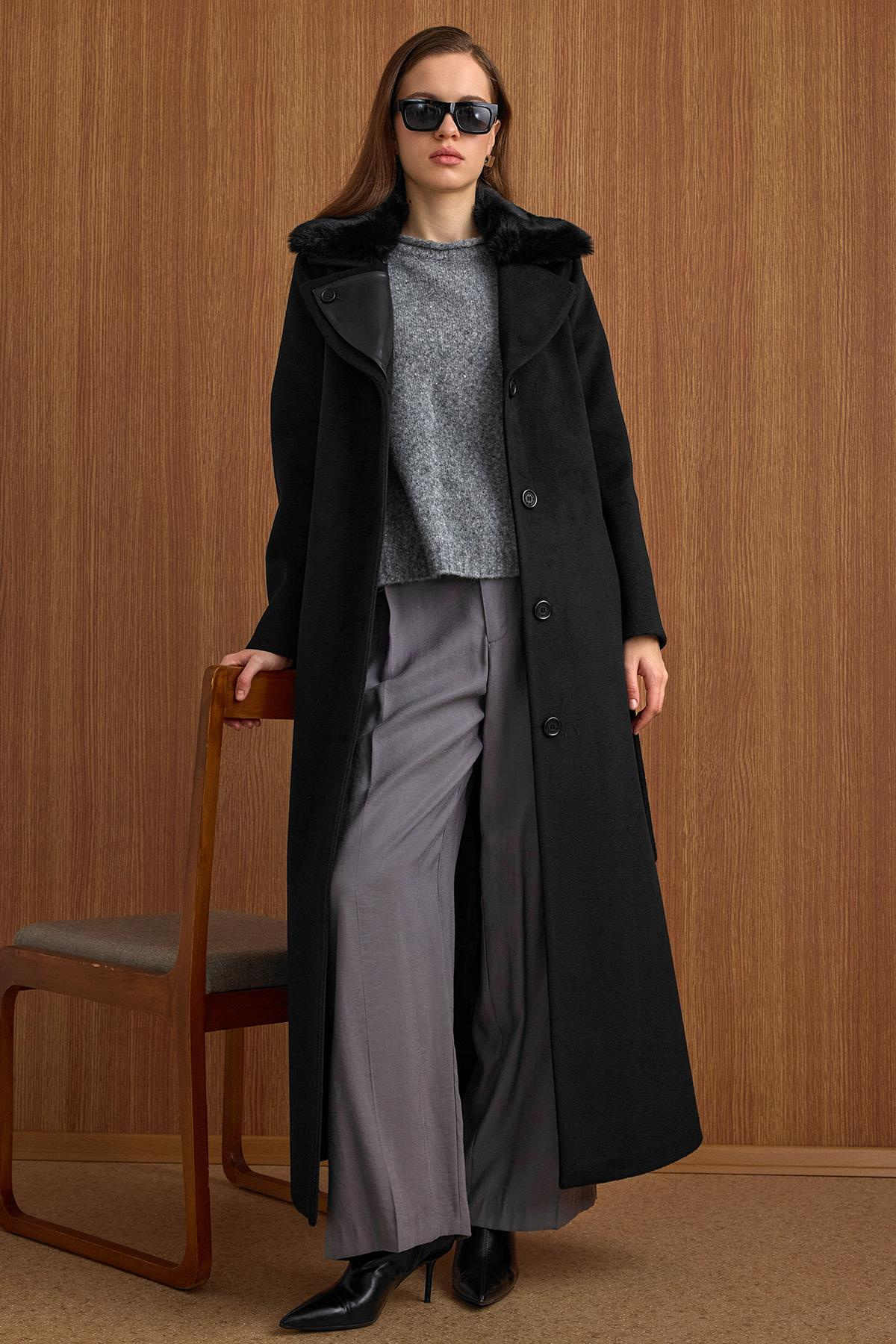 Çıkabilir Kürklü Deri Garnili Premium Kumaş Manto SİYAH 3153