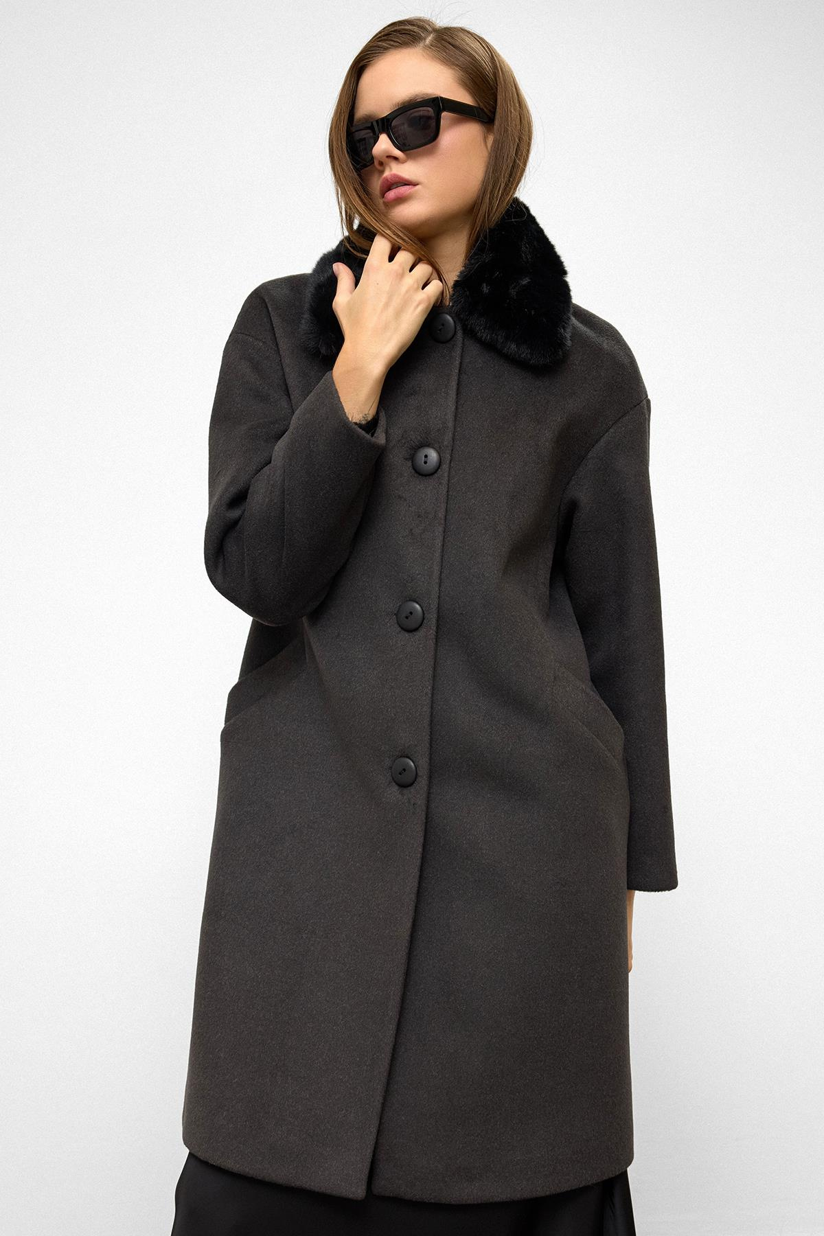 Detachable Furry Low Sleeve Plus Size Coat HARD COAL 3089