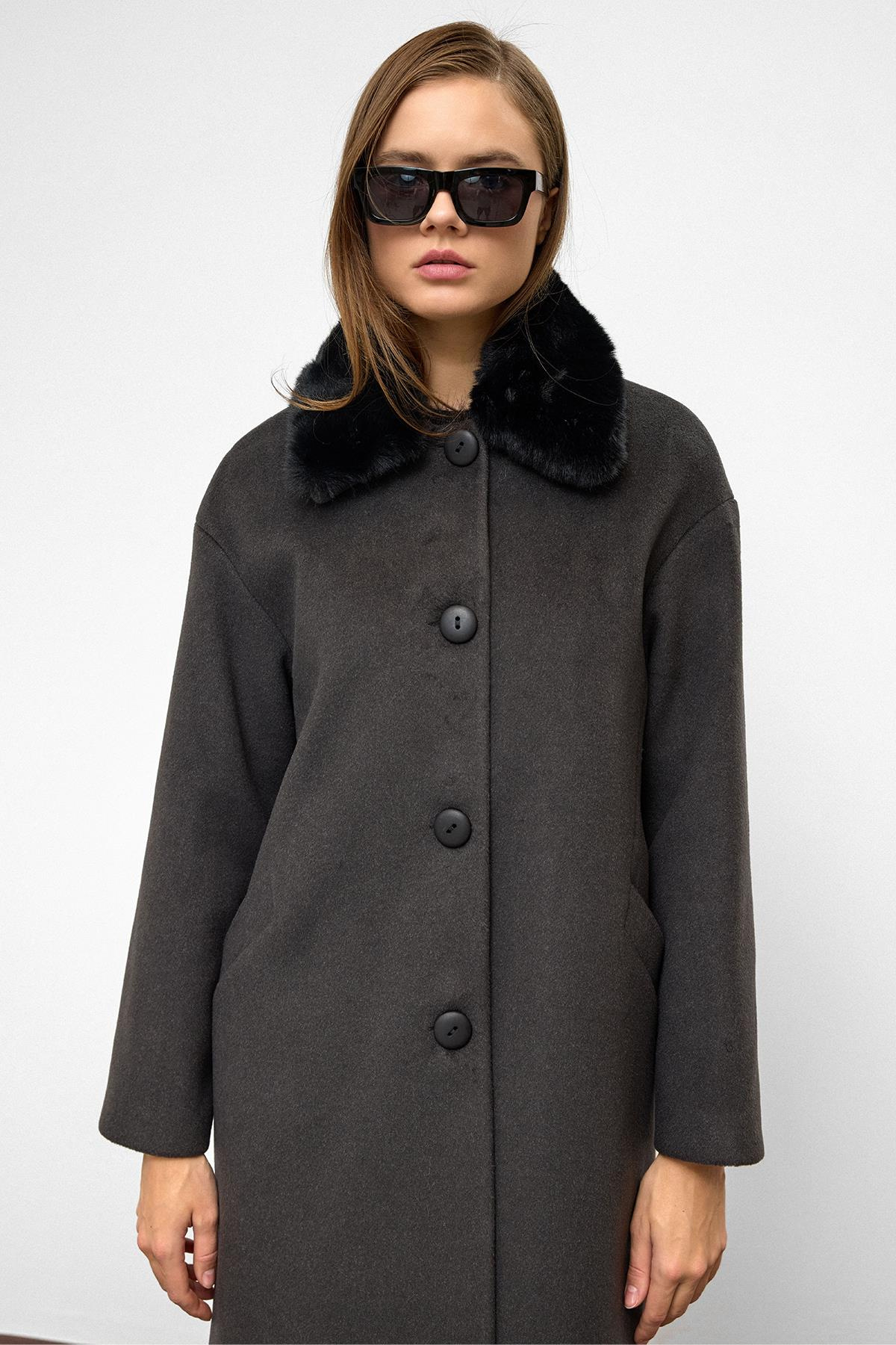 Detachable Furry Low Sleeve Plus Size Coat HARD COAL 3089