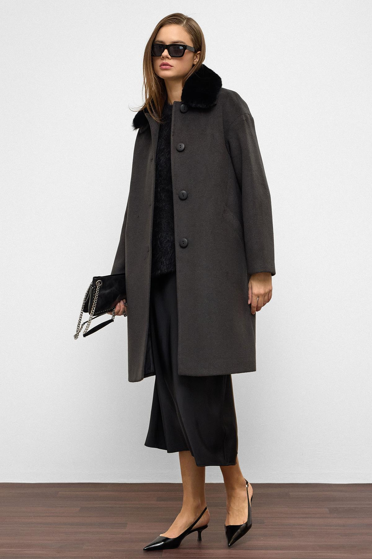 Detachable Furry Low Sleeve Plus Size Coat HARD COAL 3089