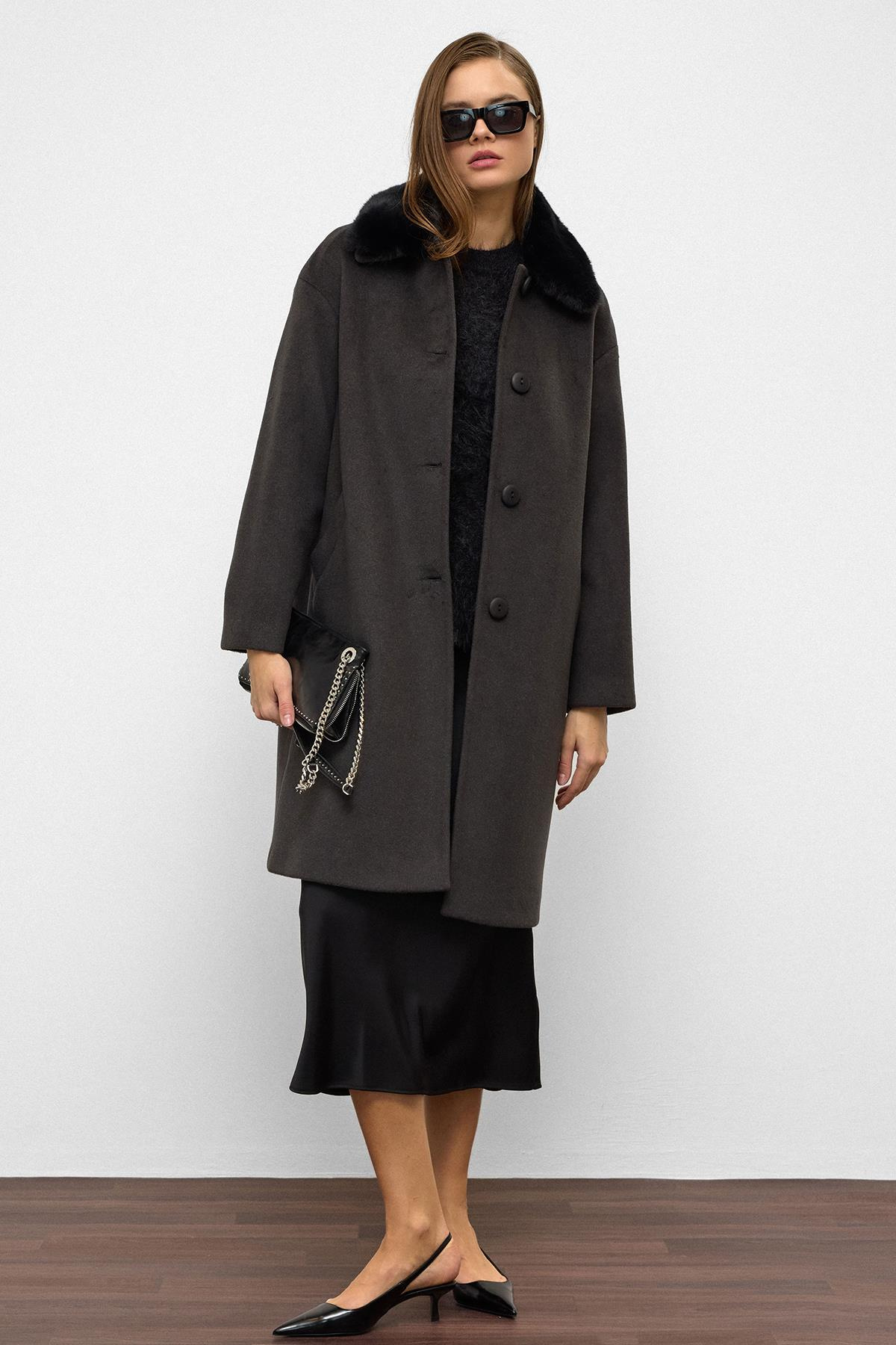 Detachable Furry Low Sleeve Plus Size Coat HARD COAL 3089