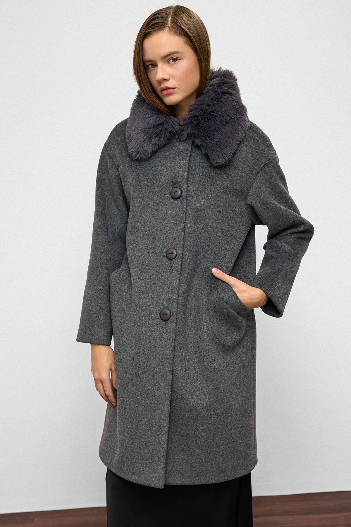 Çıkabilir Kürklü Düşük Kol Büyük Beden Kaban KOYU GRİ 3089