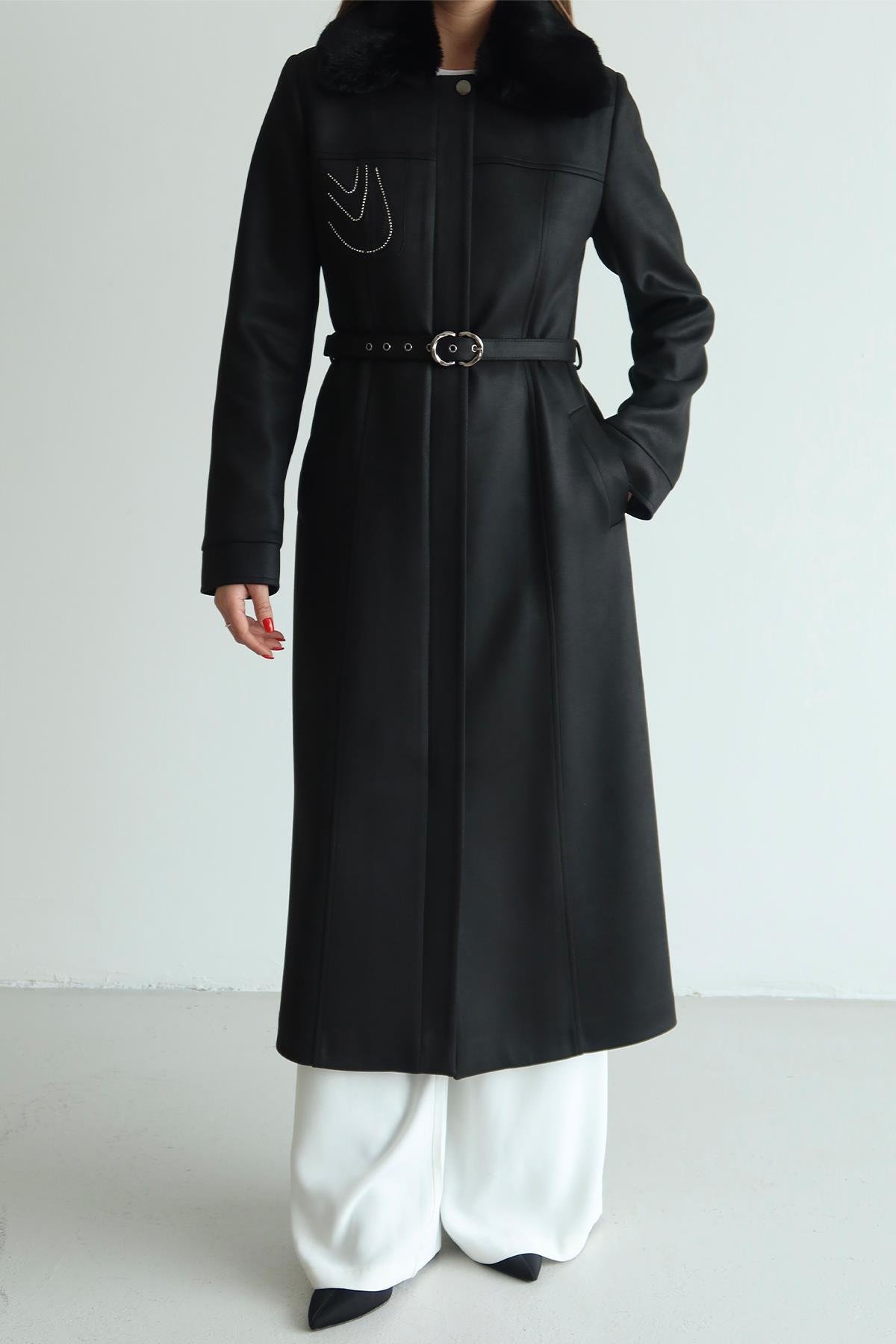 Çıkabilir Kürklü İşleme Detaylı Gabardin Süet Görünümlü Kap SİYAH 6805