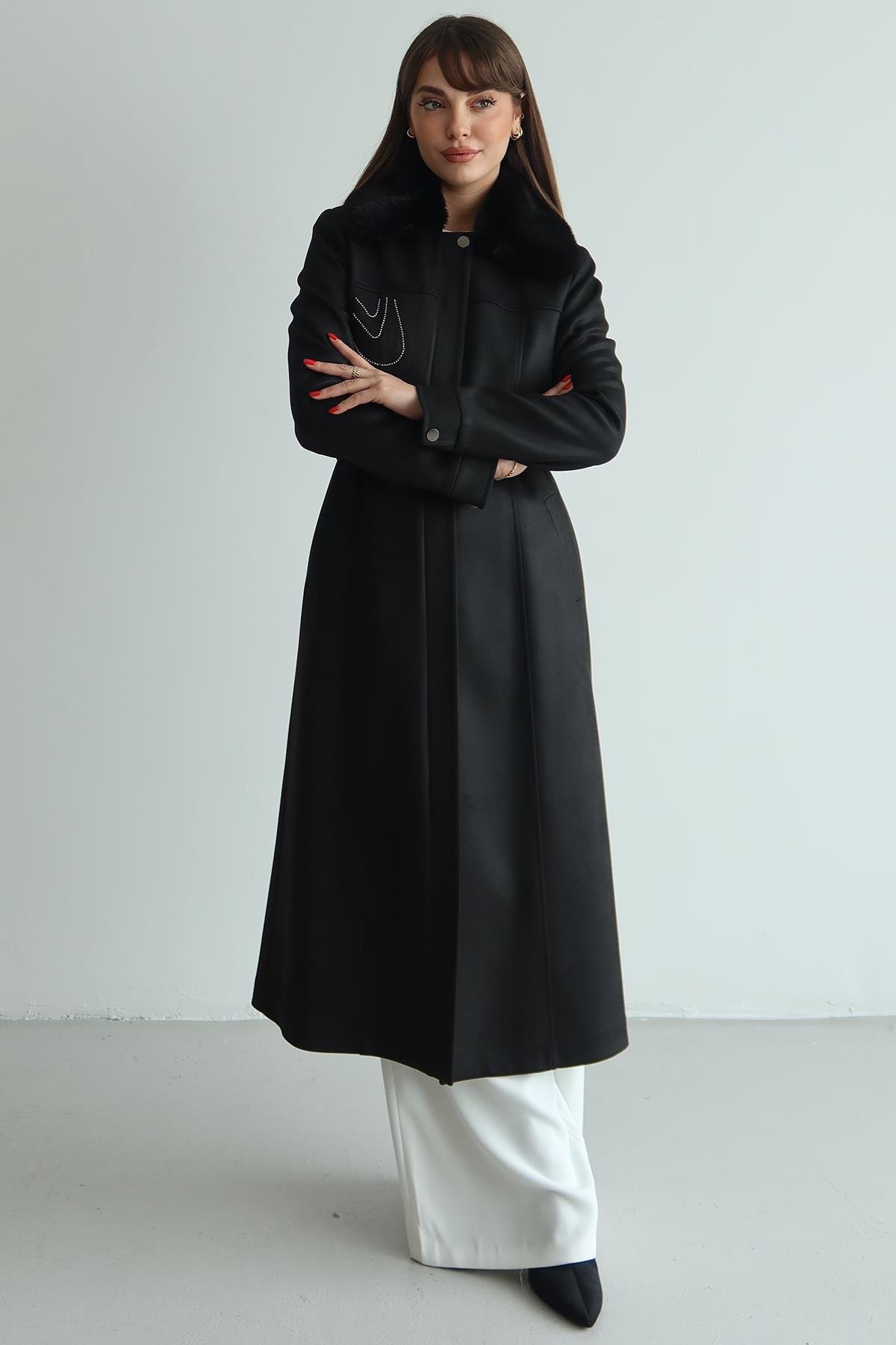 Çıkabilir Kürklü İşleme Detaylı Gabardin Süet Görünümlü Kap SİYAH 6805