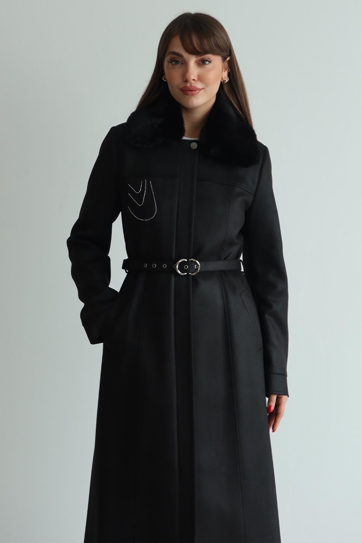 Çıkabilir Kürklü İşleme Detaylı Gabardin Süet Görünümlü Kap SİYAH 6805