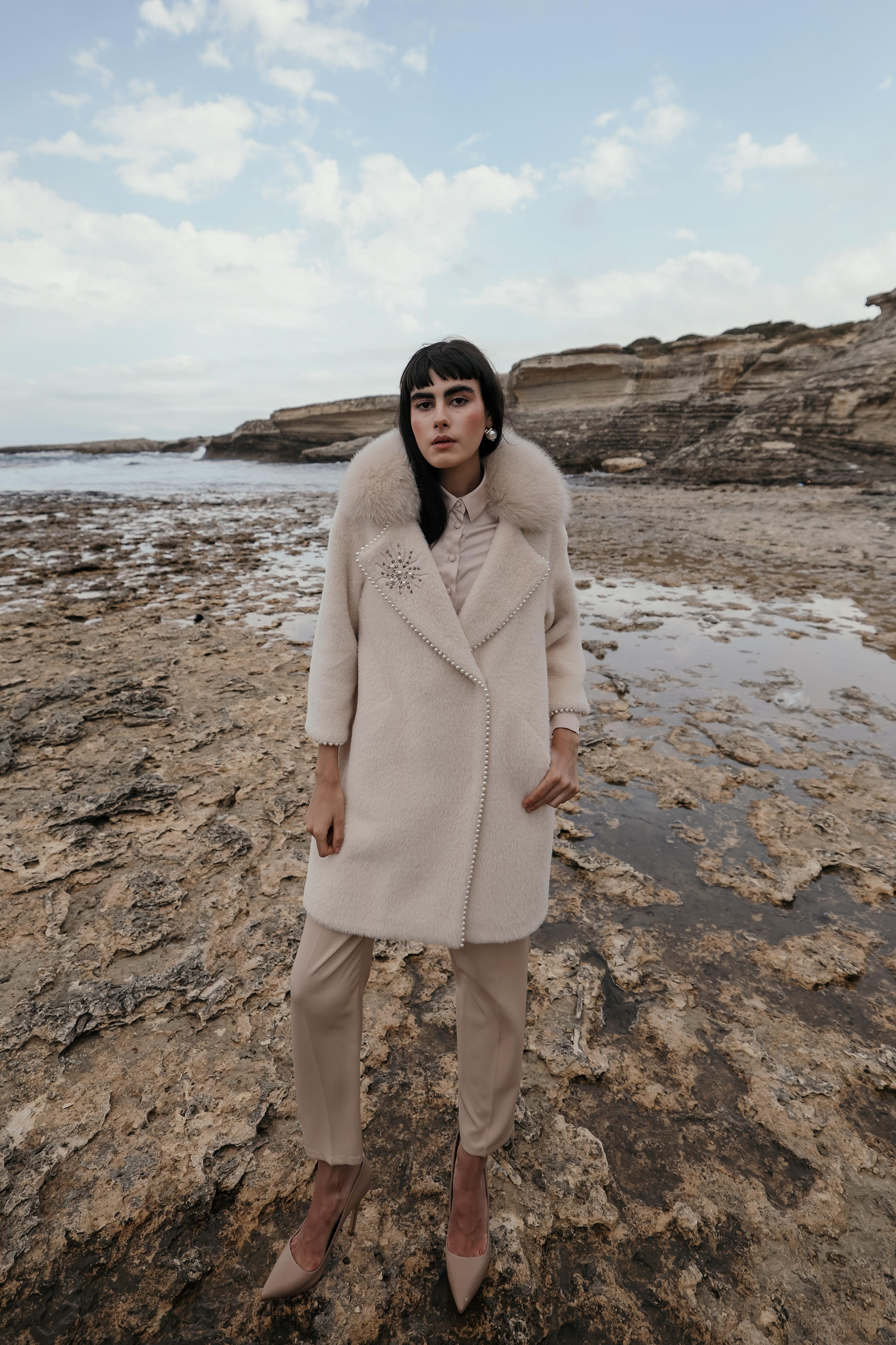 Removable Plush Coat with Fur Embroidery and Pearl Details IVORY 3959-TK