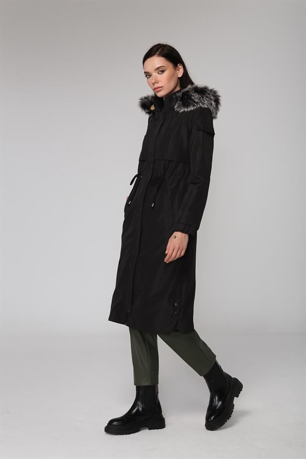 Çıkabilir Kürklü Kapüşonlu İçi Miflonlu Mont SİYAH 6287