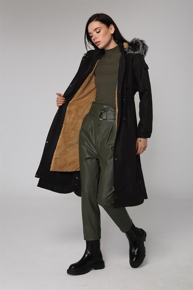 Çıkabilir Kürklü Kapüşonlu İçi Miflonlu Mont SİYAH 6287