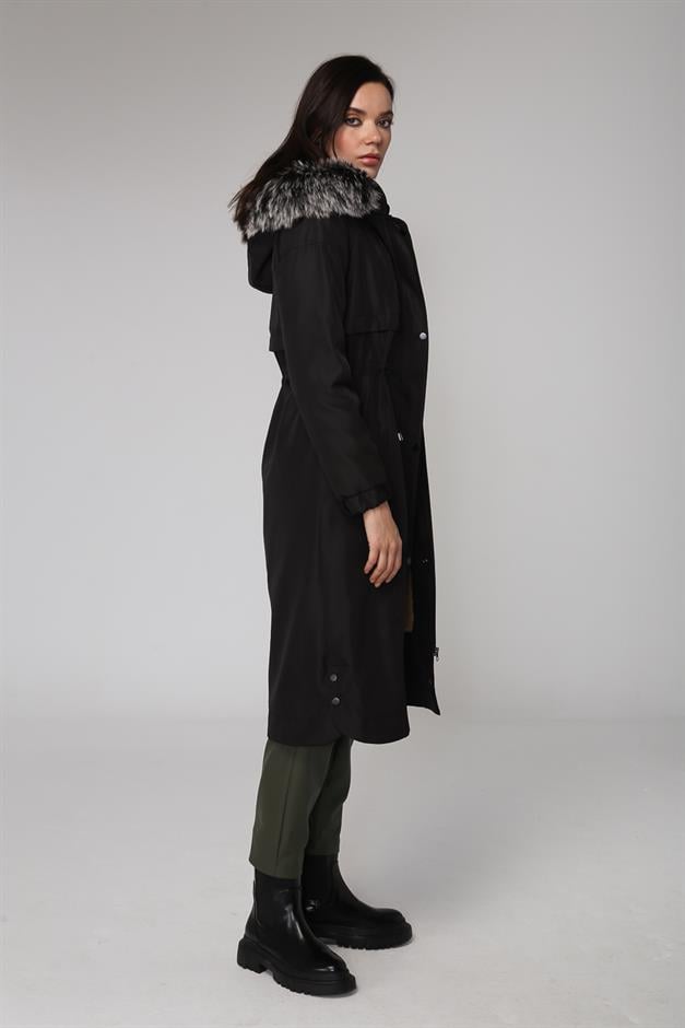Çıkabilir Kürklü Kapüşonlu İçi Miflonlu Mont SİYAH 6287
