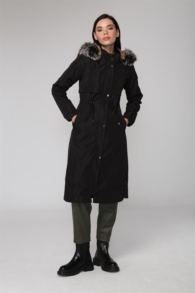Çıkabilir Kürklü Kapüşonlu İçi Miflonlu Mont SİYAH 6287