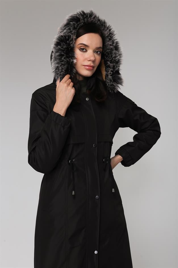 Çıkabilir Kürklü Kapüşonlu İçi Miflonlu Mont SİYAH 6287