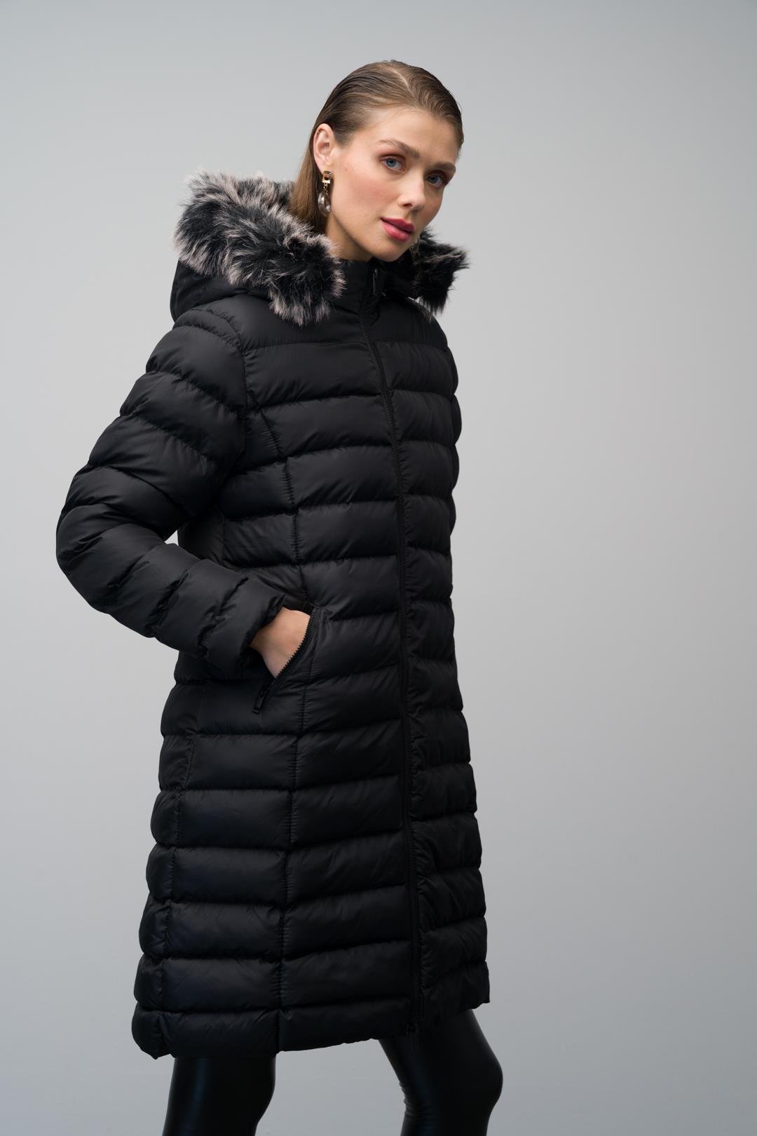 Çıkabilir Kürklü Kapüşonlu Şişme Mont SİYAH 6401