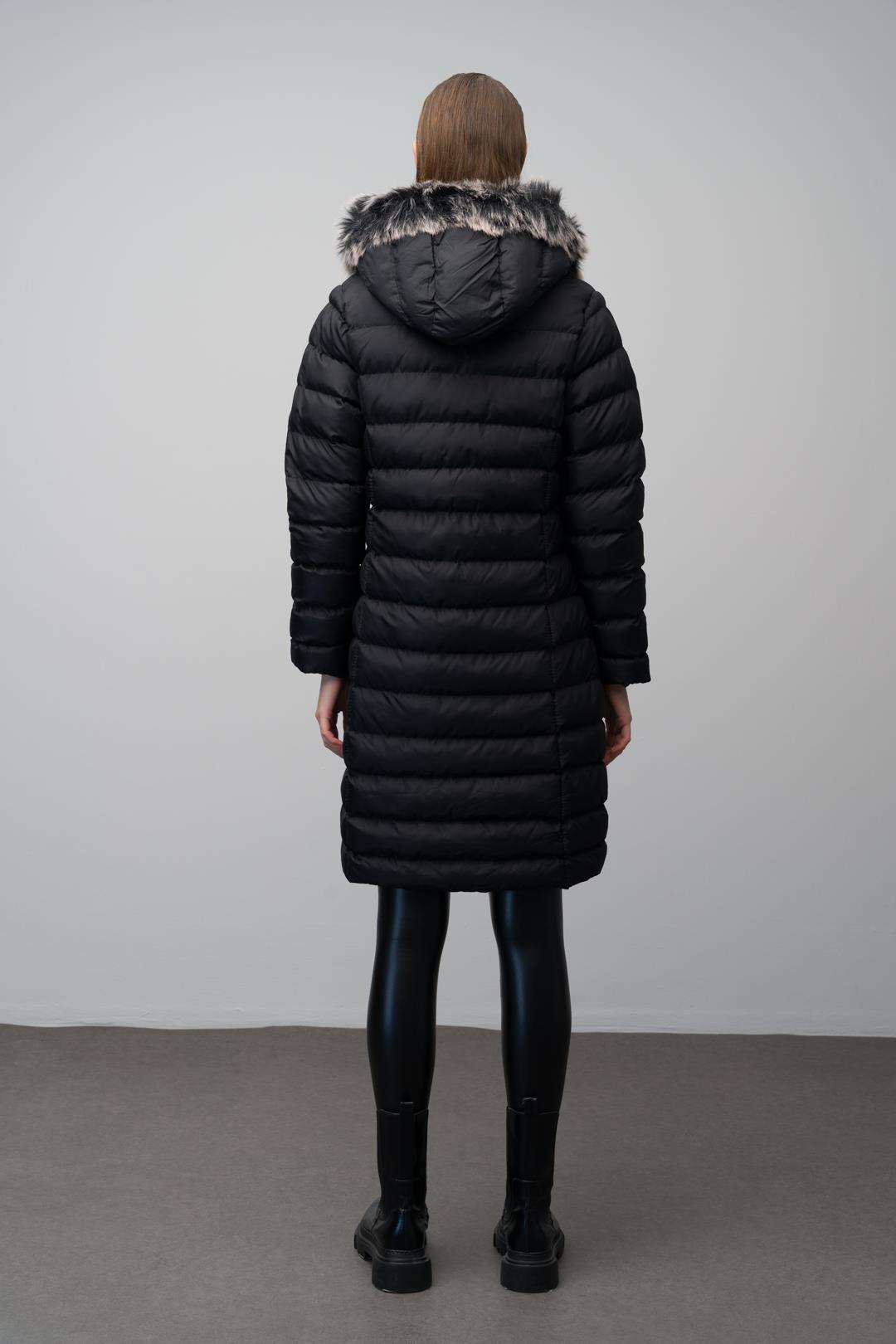 Çıkabilir Kürklü Kapüşonlu Şişme Mont SİYAH 6401