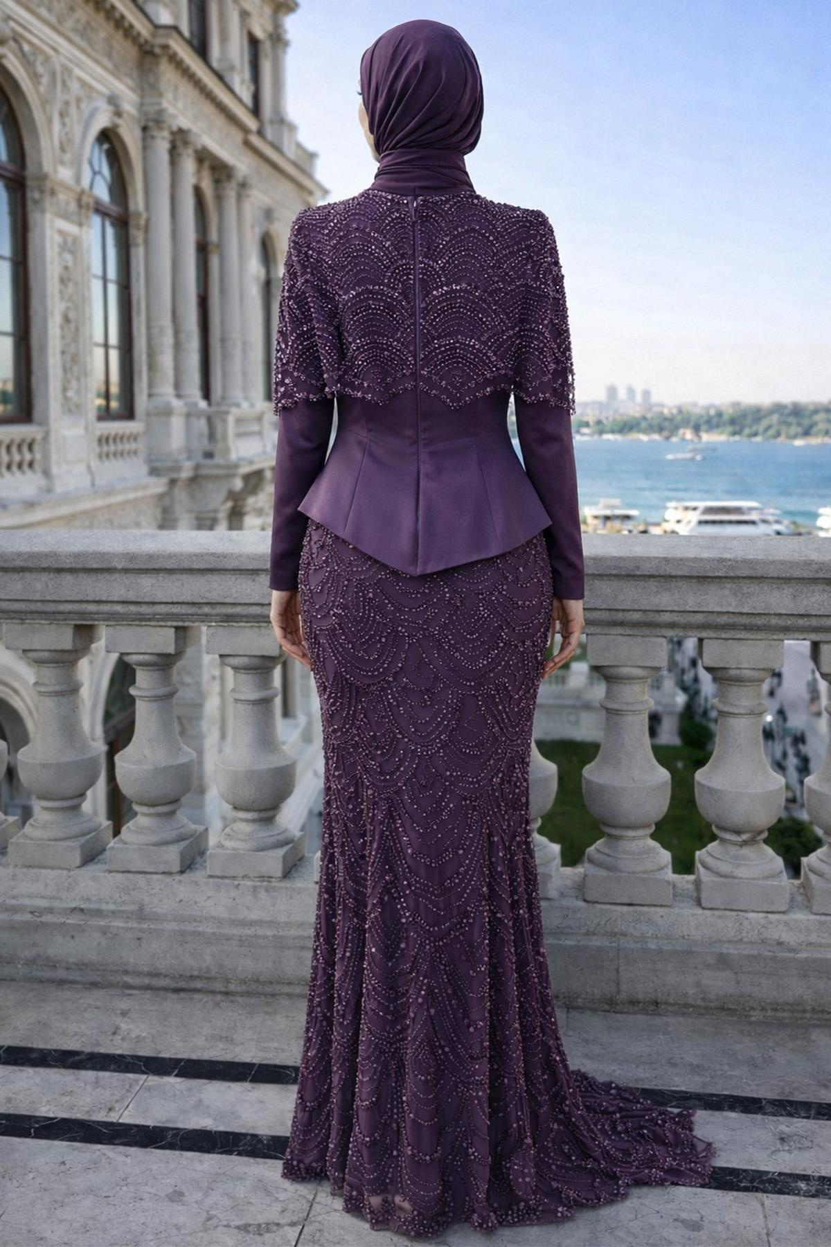 Çıkabilir Pelerin Detaylı Saten ve Tül Kombinli Exclusive Tesettür Abiye Elbise LİLA 1064