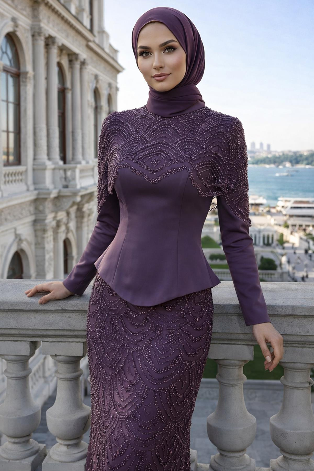 Çıkabilir Pelerin Detaylı Saten ve Tül Kombinli Exclusive Tesettür Abiye Elbise LİLA 1064