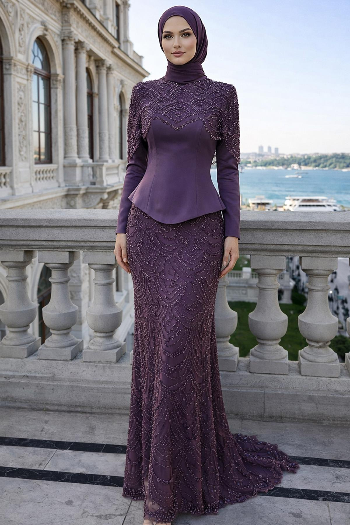 Çıkabilir Pelerin Detaylı Saten ve Tül Kombinli Exclusive Tesettür Abiye Elbise LİLA 1064