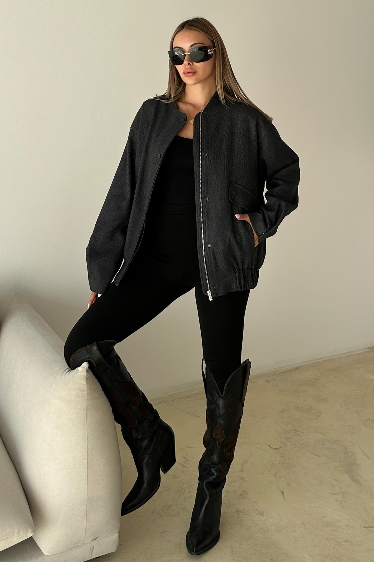 Çıt Çıt Detaylı Balıksırtı Bomber Kaşe Ceket ANTRASİT 8275