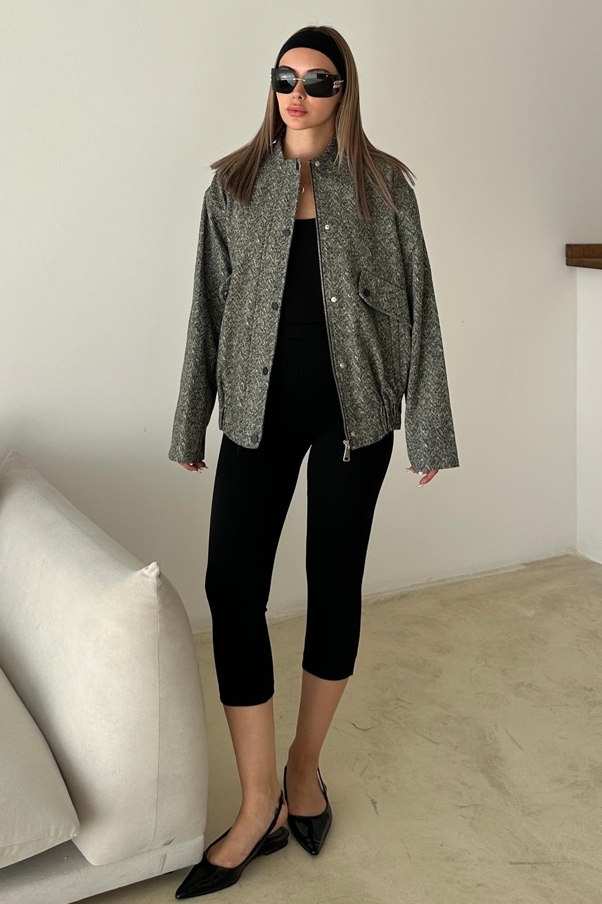 Çıt Çıt Detaylı Balıksırtı Bomber Kaşe Ceket GRİ 8275