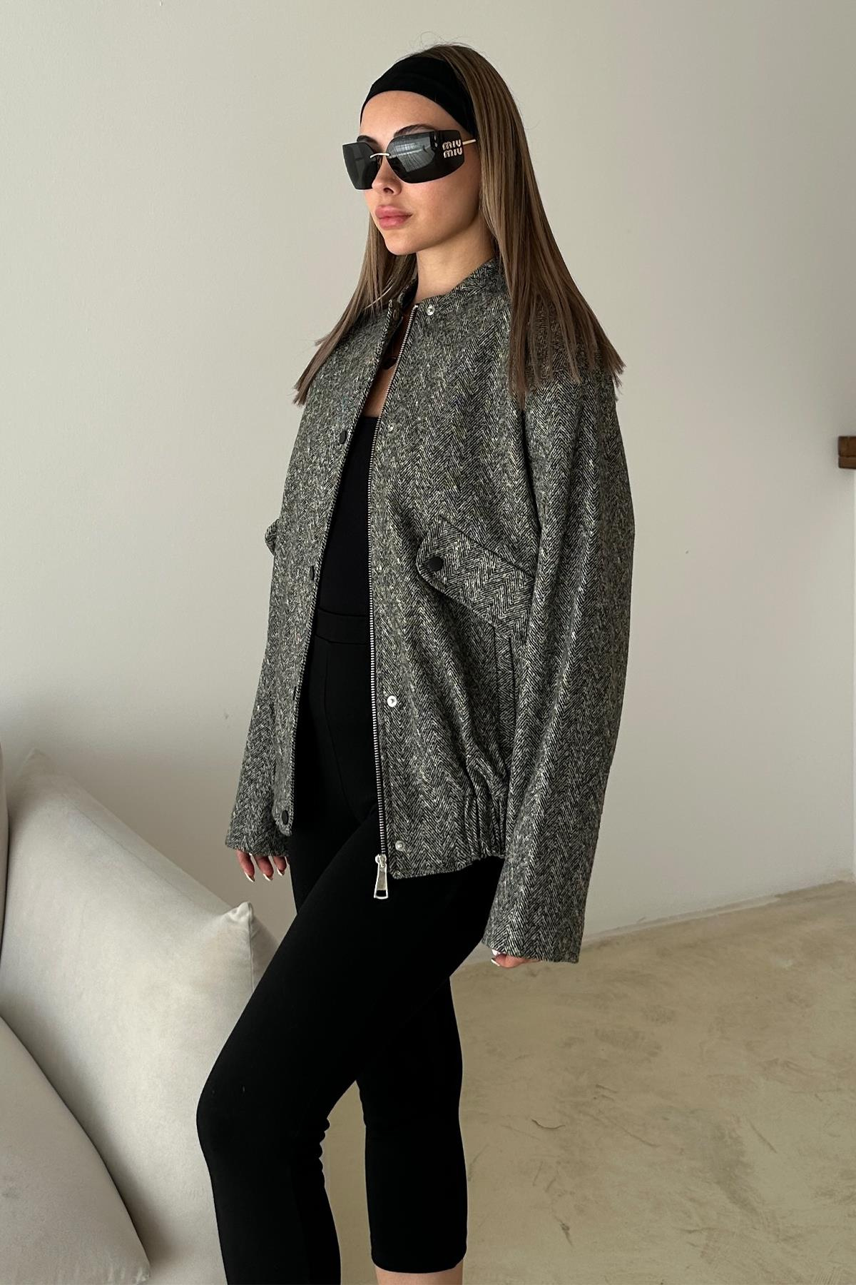 Çıt Çıt Detaylı Balıksırtı Bomber Kaşe Ceket GRİ 8275