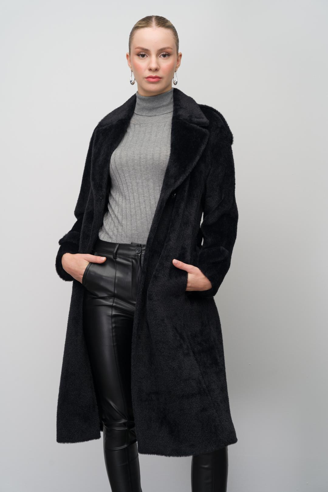 Angora Look Coat with Snap Closure, Epaulettes and Chain Accessories BLACK 3074