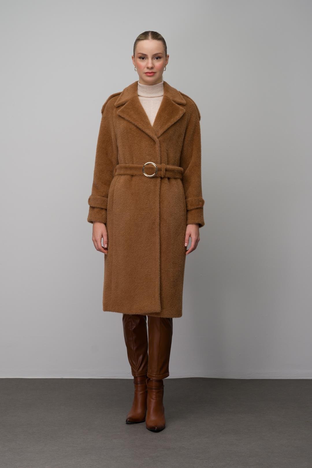 Angora Look Coat with Snap Closure, Epaulettes and Chain Accessories CAMEL 3074