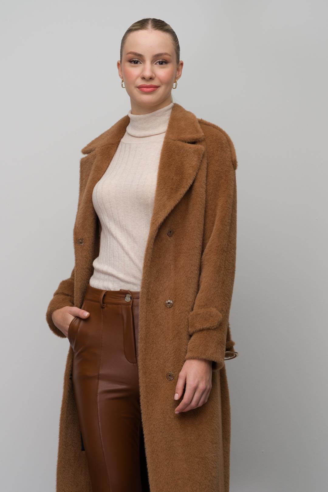 Angora Look Coat with Snap Closure, Epaulettes and Chain Accessories CAMEL 3074