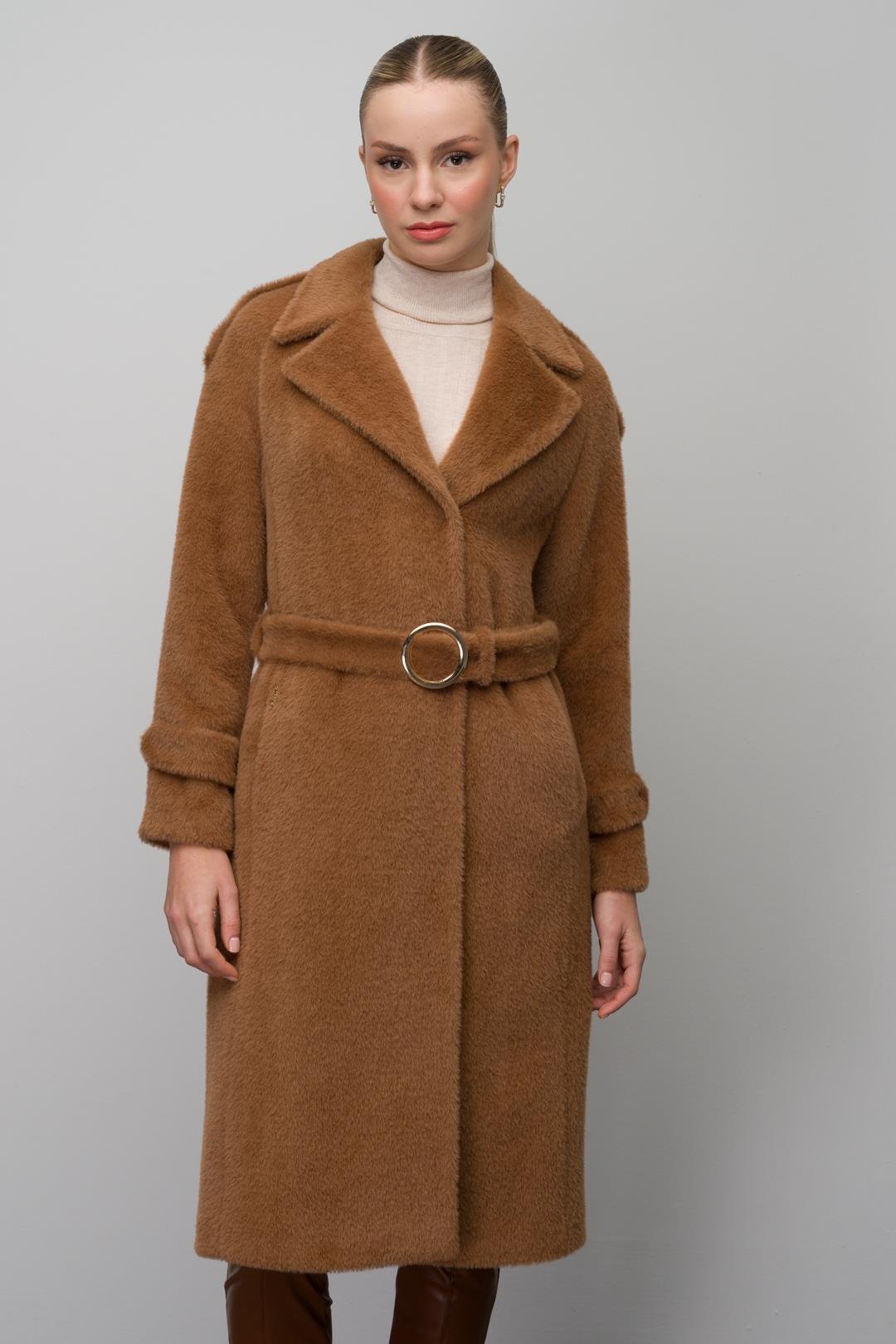 Angora Look Coat with Snap Closure, Epaulettes and Chain Accessories CAMEL 3074