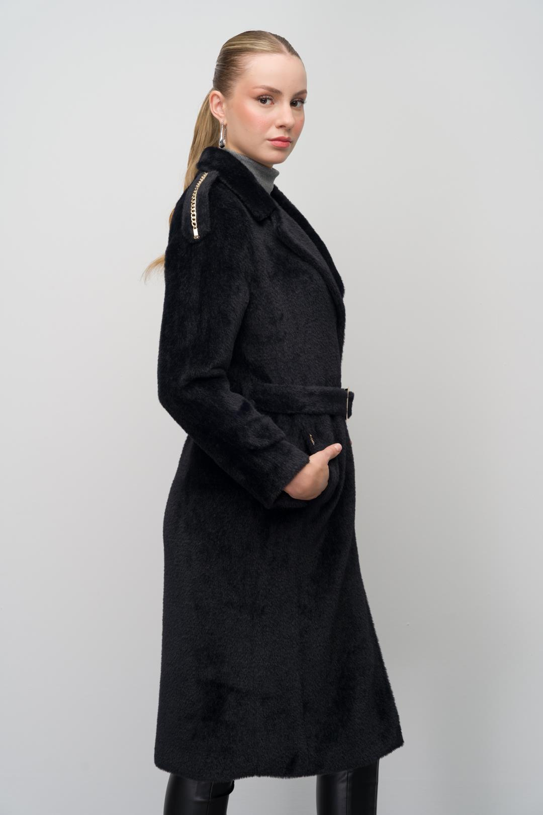 Angora Look Coat with Snap Closure, Epaulettes and Chain Accessories BLACK 3074