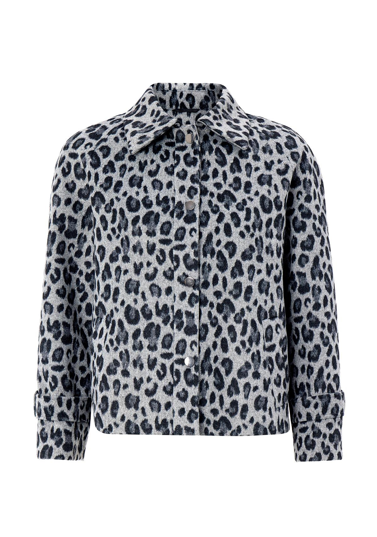 Çıt Çıt Kapamalı Pat Detaylı Leopar Desenli Kısa Kaban GRİ 3163-L