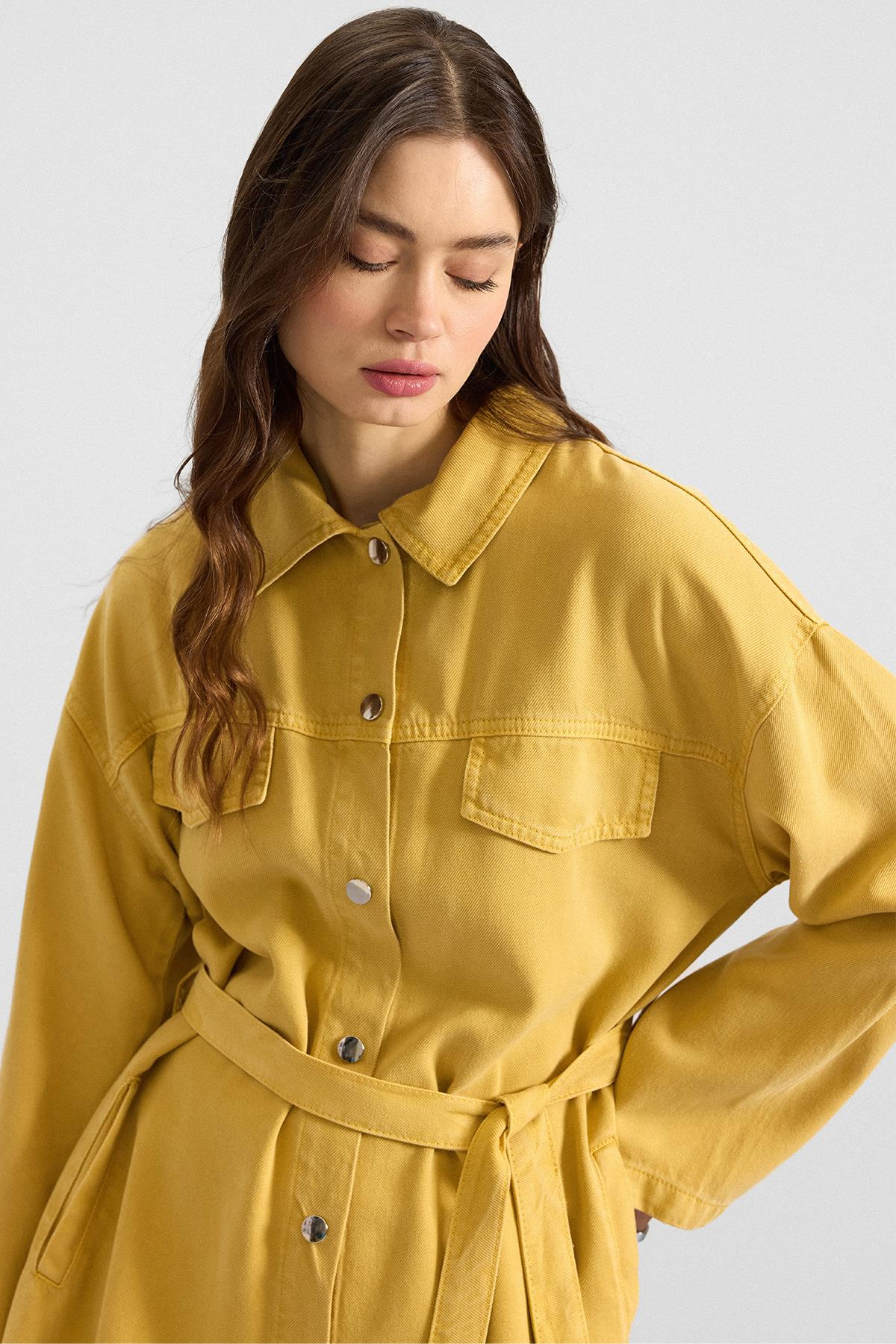 Çıt Çıt Kapamalı Soft Denim Ceket Pantolon İkili Takım SARI 9398-TK