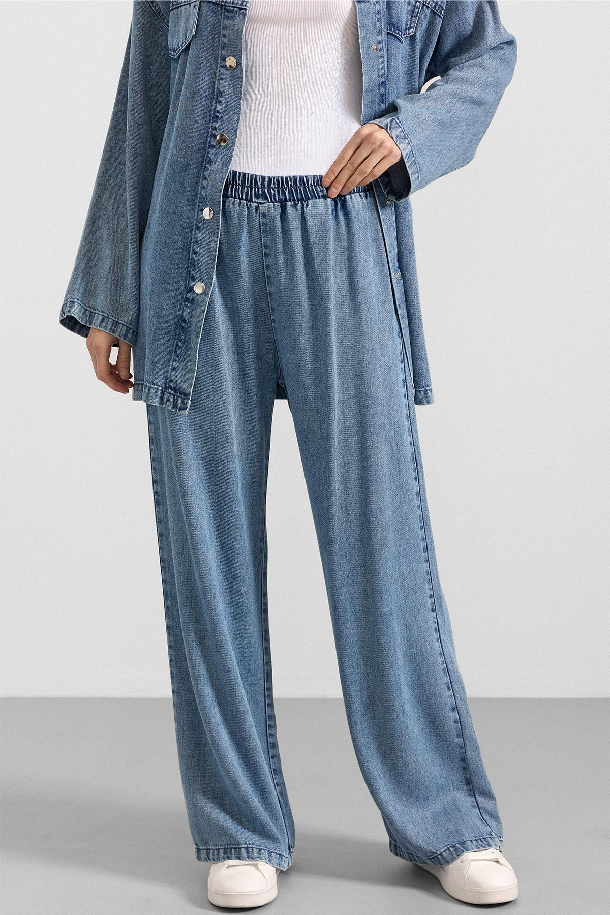 Çıt Çıt Kapamalı Soft Denim Ceket Pantolon İkili Takım MAVİ 9398-TK