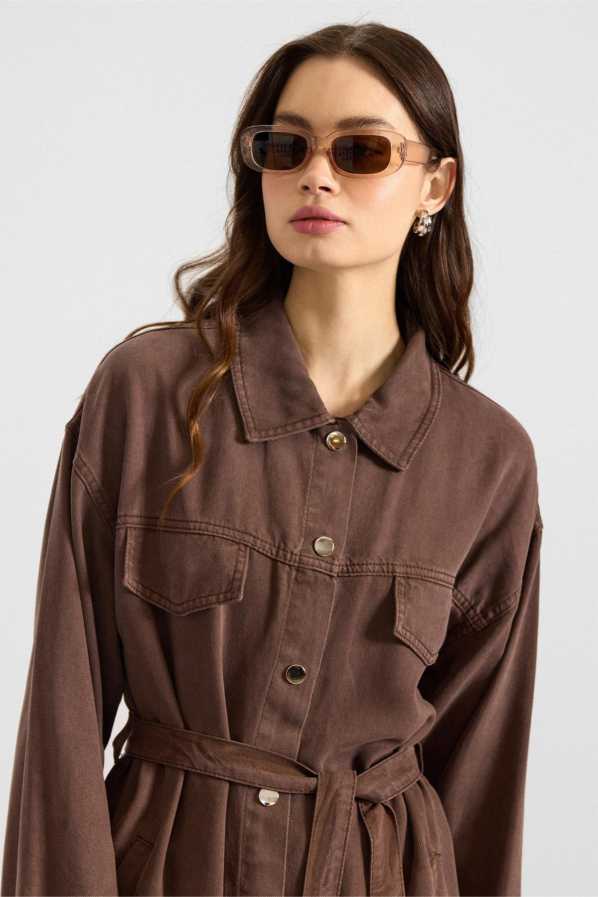 Çıt Çıt Kapamalı Soft Denim Ceket Pantolon İkili Takım KAHVE 9398-TK