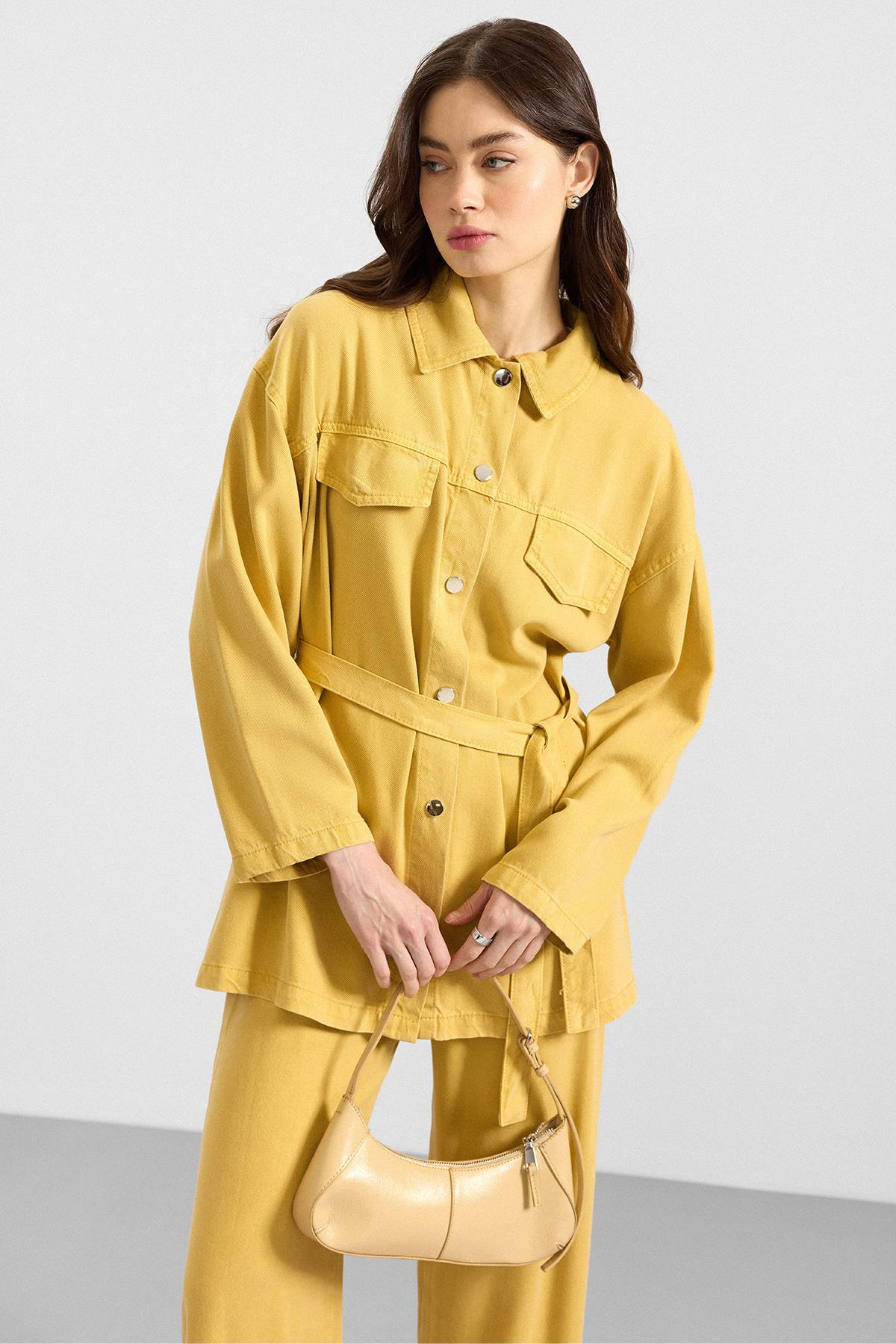 Çıt Çıt Kapamalı Soft Denim Ceket Pantolon İkili Takım SARI 9398-TK