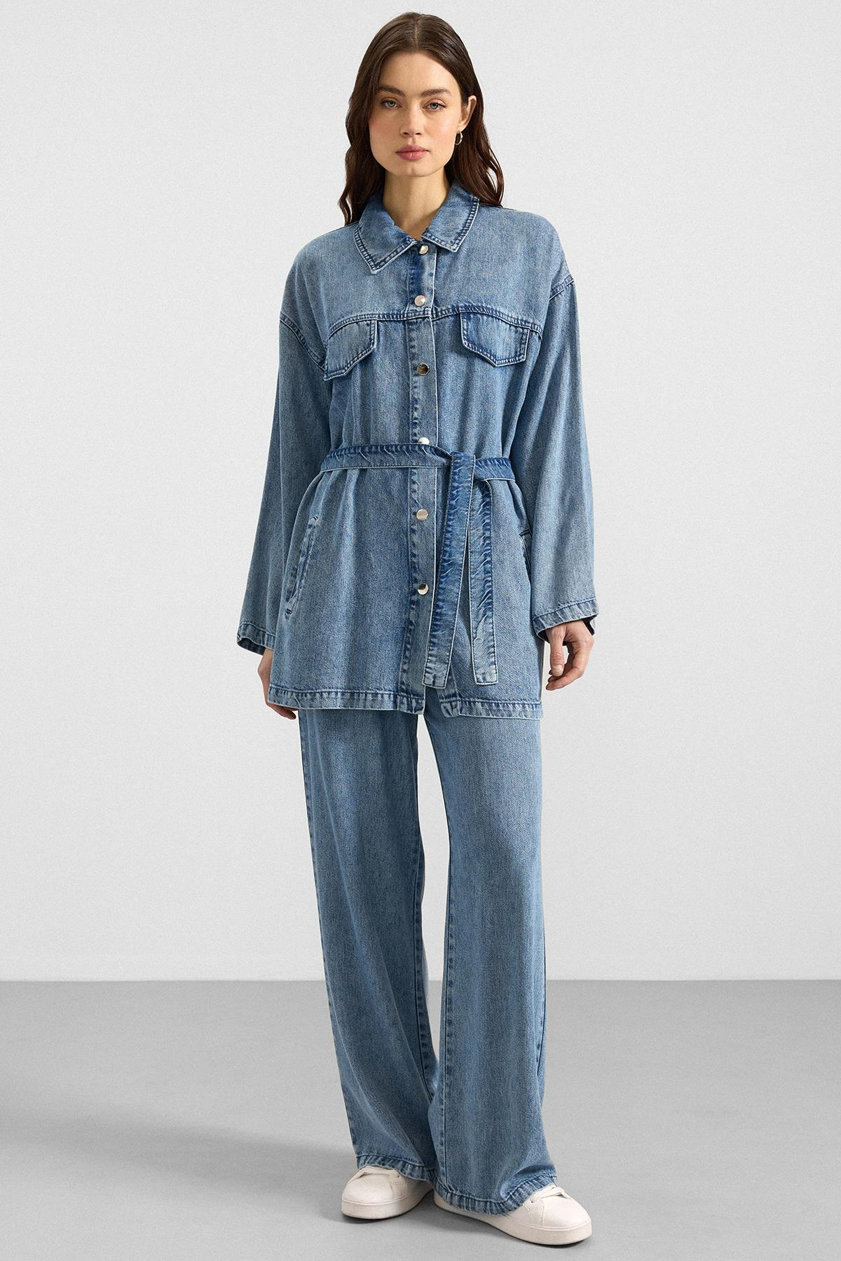 Çıt Çıt Kapamalı Soft Denim Ceket Pantolon İkili Takım MAVİ 9398-TK