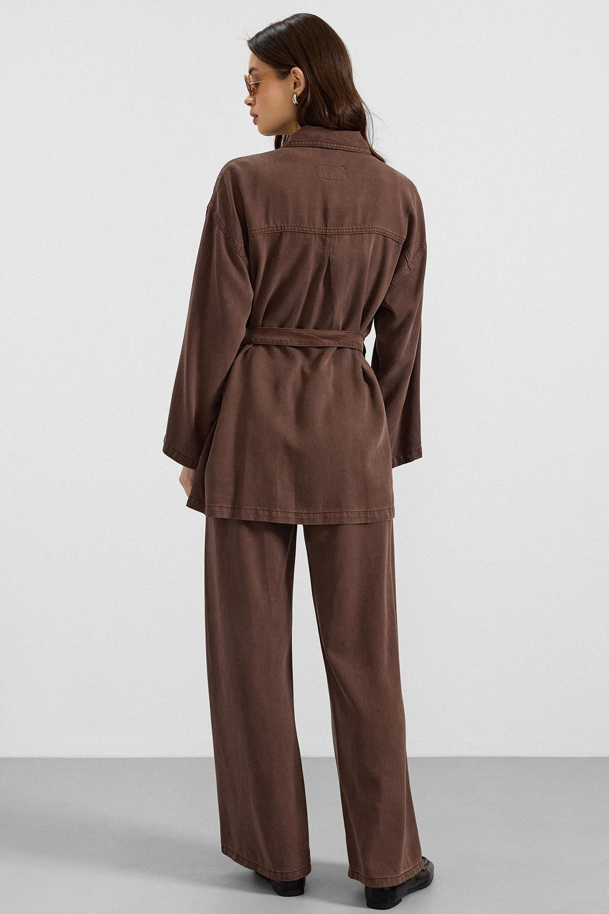 Çıt Çıt Kapamalı Soft Denim Ceket Pantolon İkili Takım KAHVE 9398-TK