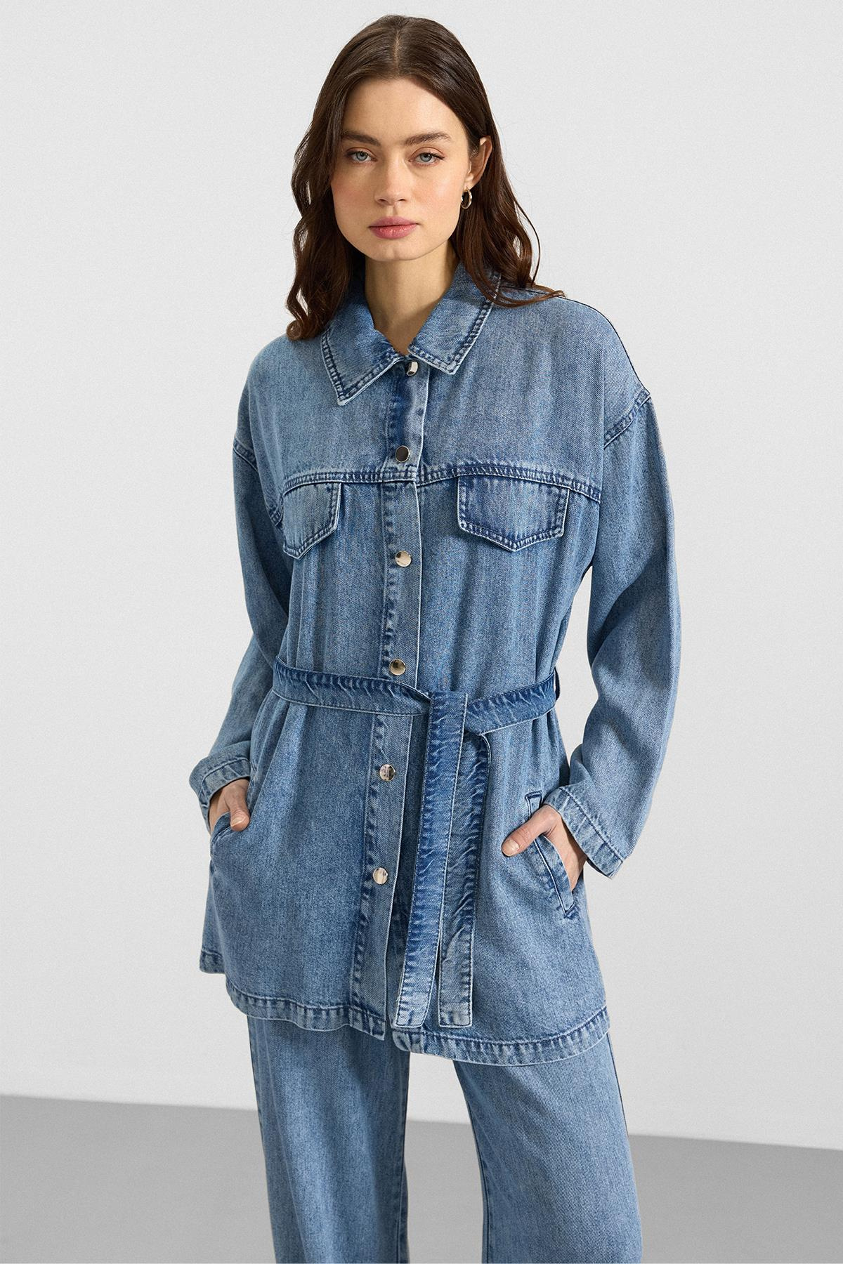 Çıt Çıt Kapamalı Soft Denim Ceket Pantolon İkili Takım MAVİ 9398-TK